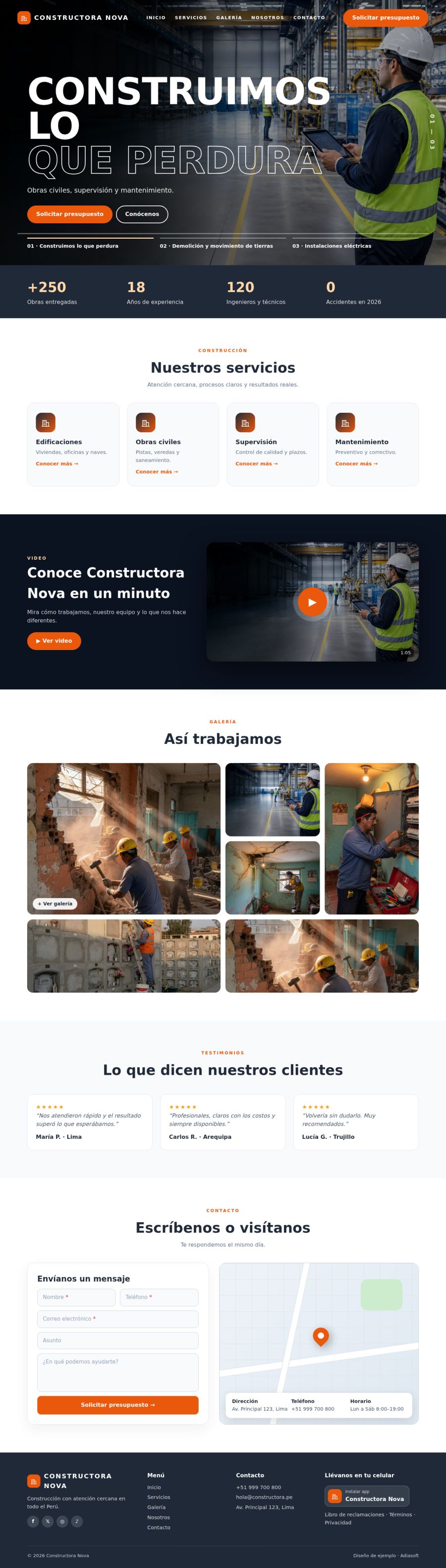 Página completa del diseño Constructora Nova en computadora