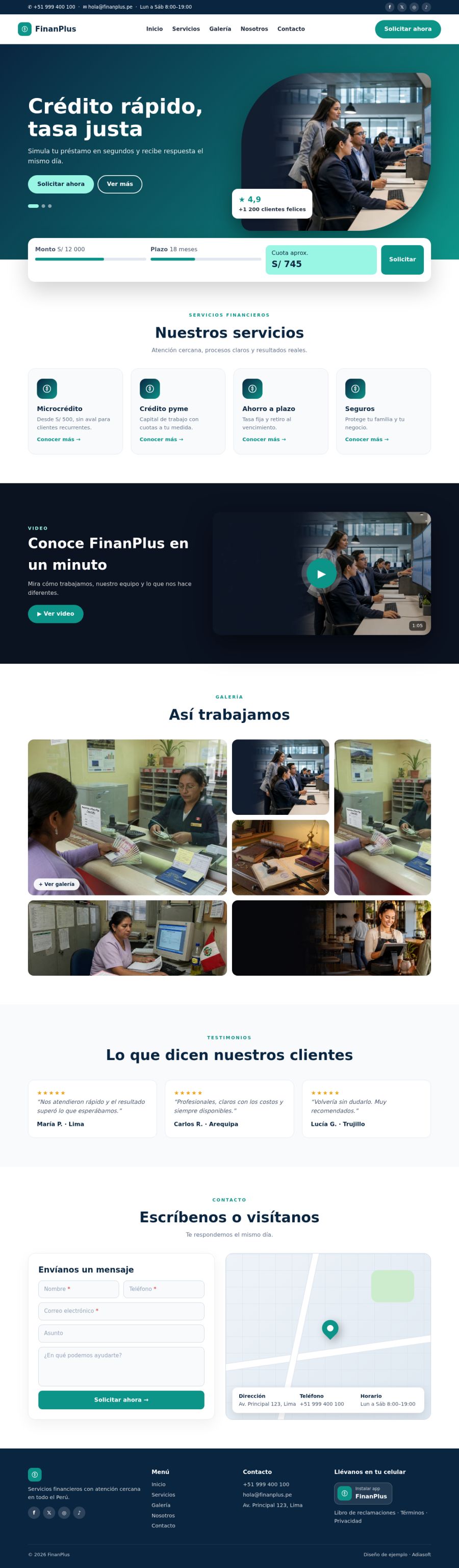 Página completa del diseño FinanPlus en computadora
