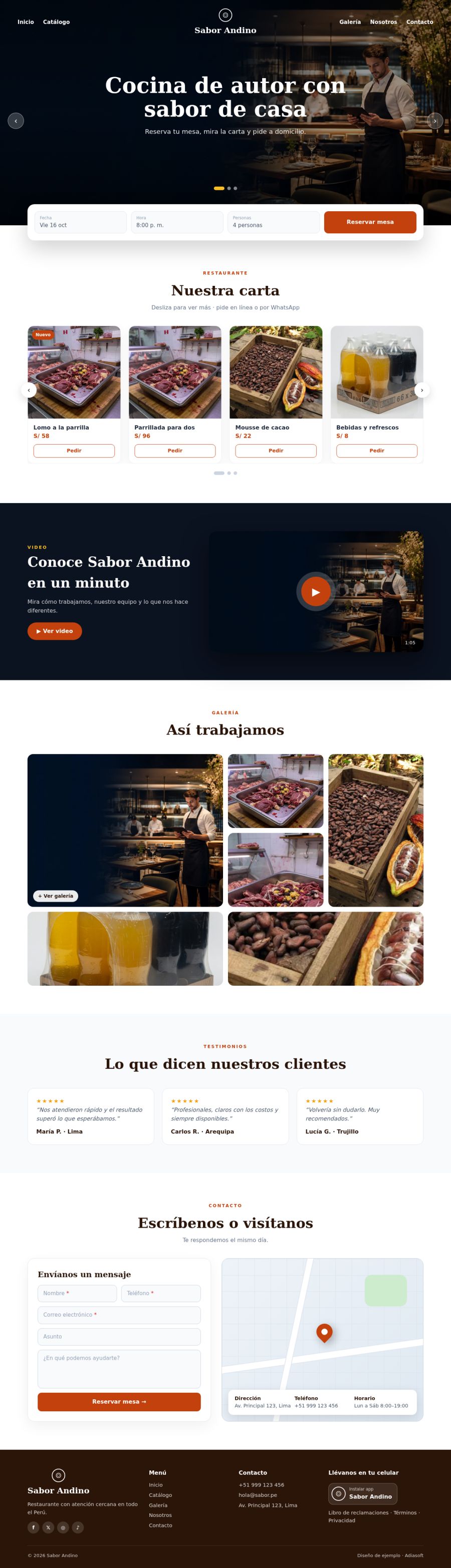 Página completa del diseño Sabor Andino en computadora