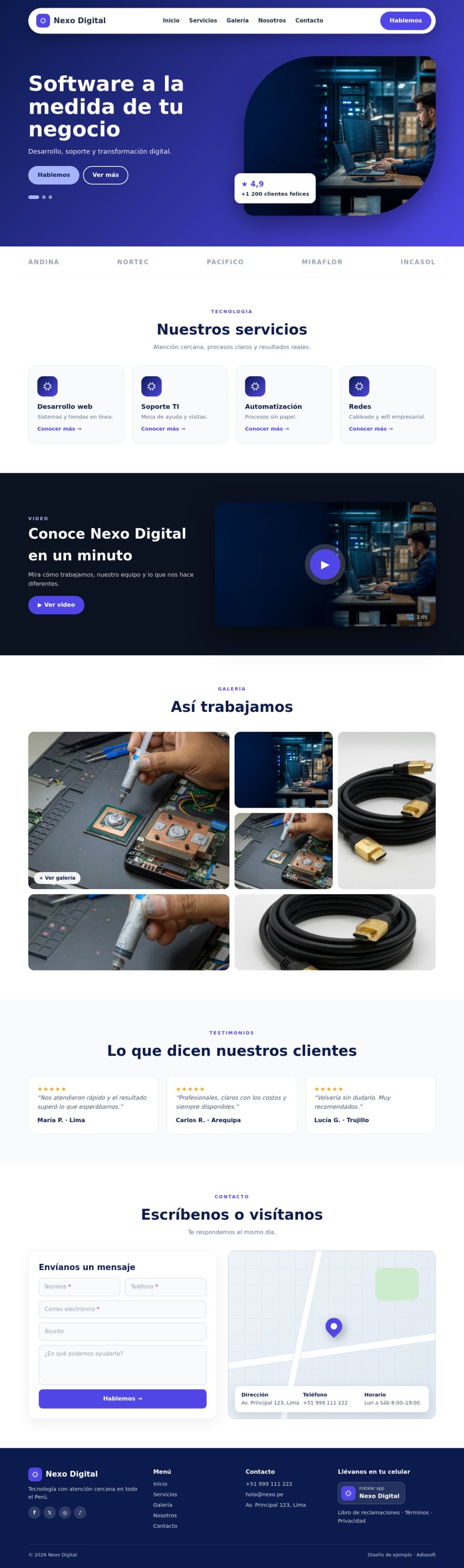 Página completa del diseño Nexo Digital en computadora